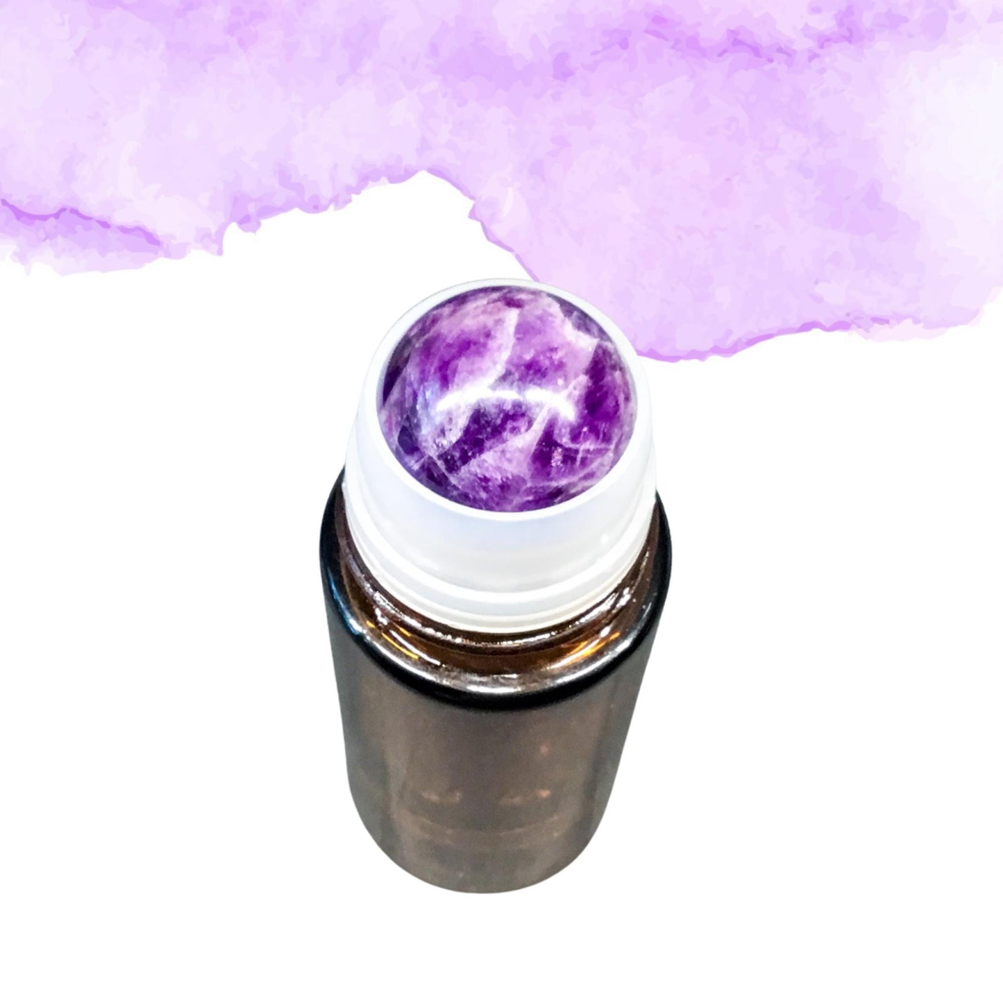 50ml Amber Glass AMETHYST Gemstone Rollerball Bottle with Shiny Gold Cap - Perfect for Essential Oils, Skin Care, & Crystal Aromatherapy.
