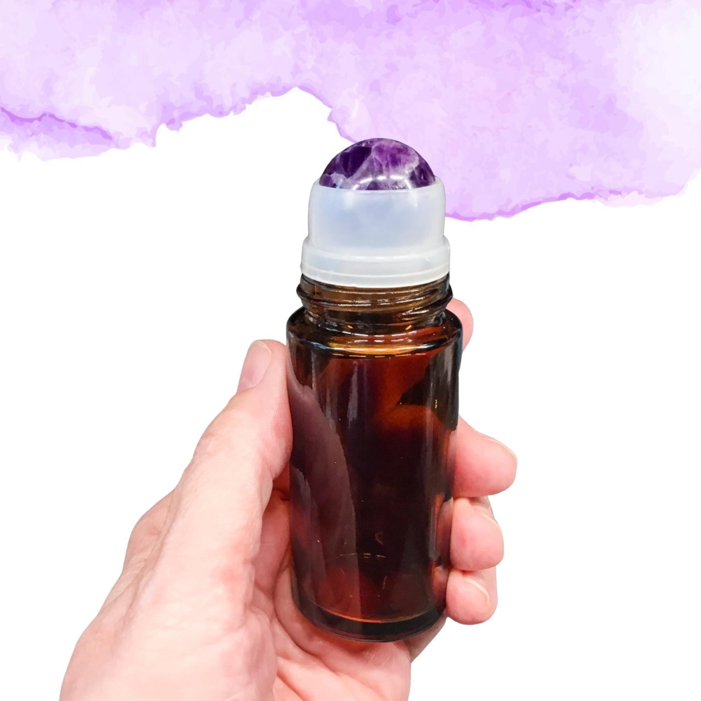 50ml Amber Glass AMETHYST Gemstone Rollerball Bottle with Shiny Gold Cap - Perfect for Essential Oils, Skin Care, & Crystal Aromatherapy.