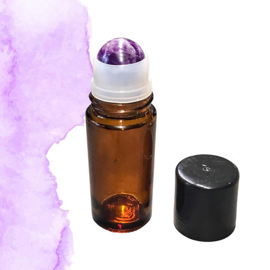 50ml Amber Glass AMETHYST Gemstone Rollerball Bottle with Shiny Black Cap - Perfect for Essential Oils, Skin Care, & Crystal Aromatherapy.