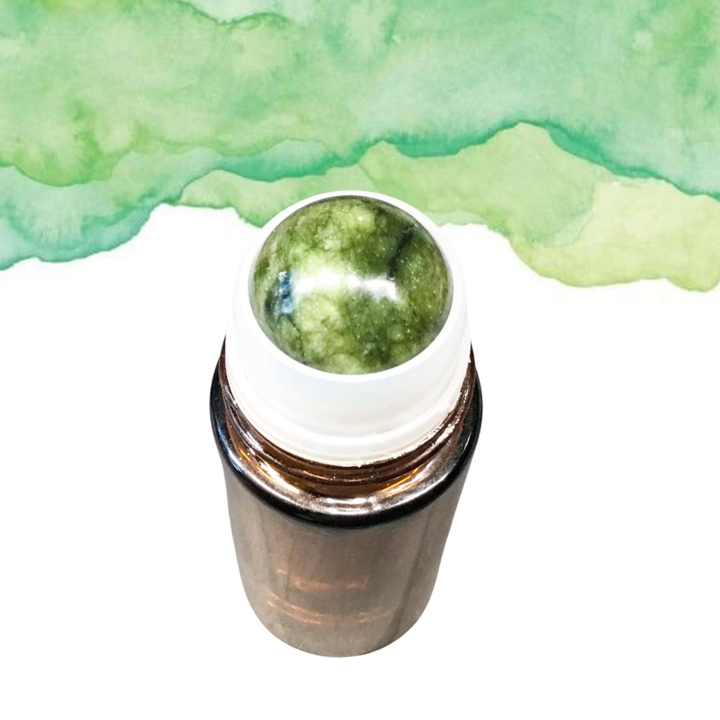 50ml Amber Glass GREEN JADE Gemstone Rollerball Bottle with Black Cap - Perfect for Essential Oils, Skin Care, & Crystal Aromatherapy.