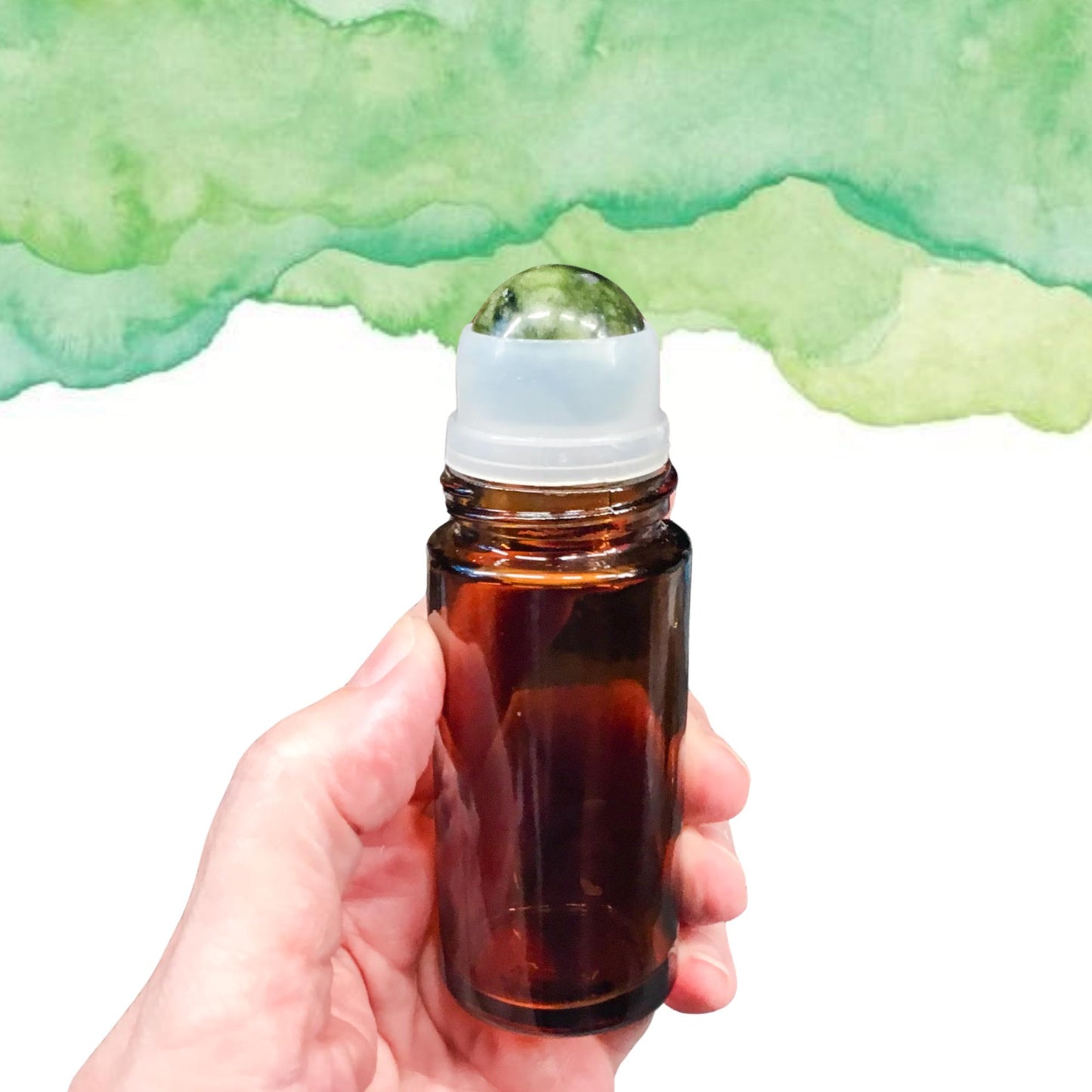 50ml Amber Glass GREEN JADE Gemstone Rollerball Bottle with Black Cap - Perfect for Essential Oils, Skin Care, & Crystal Aromatherapy.