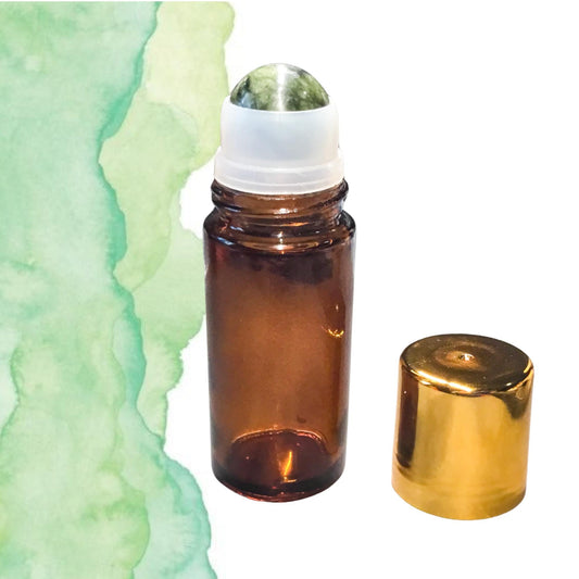 50ml Amber Glass GREEN JADE Gemstone Rollerball Bottle with Shiny Gold Cap - Perfect for Essential Oils, Skin Care, & Crystal Aromatherapy.