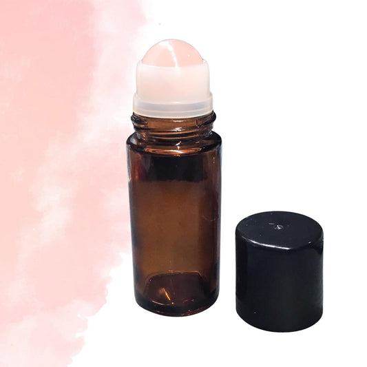 50ml Amber Glass ROSE QUARTZ Gemstone Rollerball Bottle with Black Cap - Perfect for Essential Oils, Skin Care, & Crystal Aromatherapy.