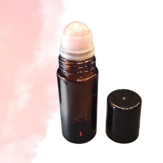 30ml Amber Glass ROSE QUARTZ Gemstone Rollerball Bottle with Black Cap - Perfect for Essential Oils, Skin Care, & Crystal Aromatherapy.