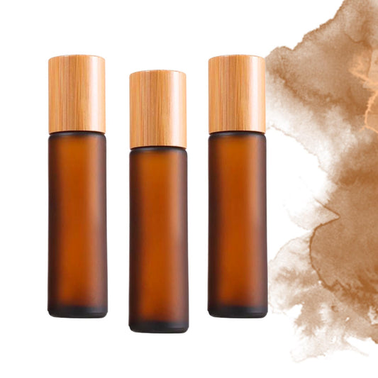 Frosted Amber Glass Gemstone Roller Bottle • Bamboo Cap • 49 Crystal Rollerball Choices • 5ml or 10ml