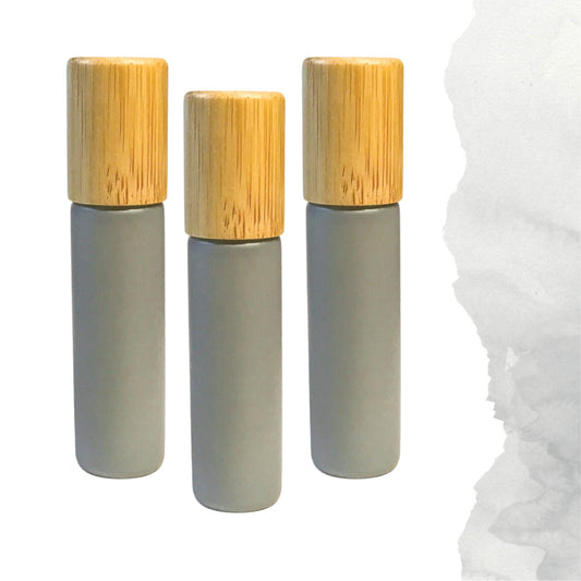 Mountain Gray Glass Gemstone Roller Bottle • Bamboo Cap • Crystal Rollerball • 49 Gemstone Choices • 5ml or 10ml