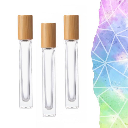 Tall Square Gemstone Roller Bottle • Clear Glass• Bamboo Cap • Signature Shapes • 10ml • Crystal Rollerball • 12 Gemstone Choices