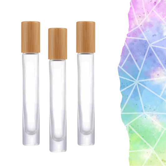 Tall Round Gemstone Roller Bottle • Clear Glass • Bamboo Cap • Signature Shapes • 10ml • Crystal Rollerball • 12 Gemstone Choices