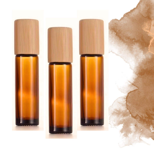 Amber Glass Gemstone Roller Bottle ‚Bamboo Cap, 49 Crystal Rollerball Choices, 5ml or 10ml