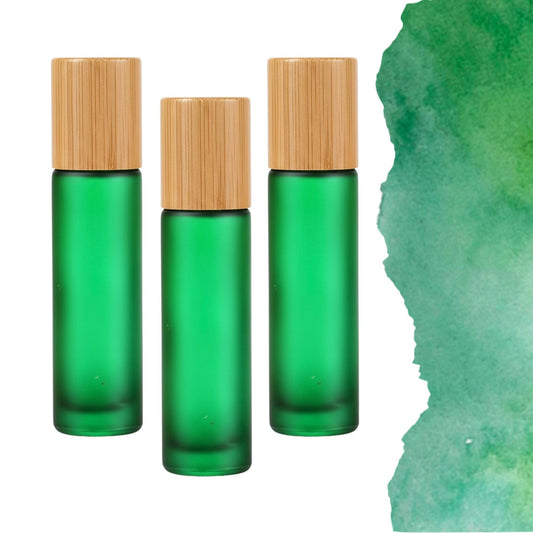 Frosted Green Glass Gemstone Roller Bottle • Bamboo Cap • 49 Crystal Rollerball Choices • 5ml or 10ml