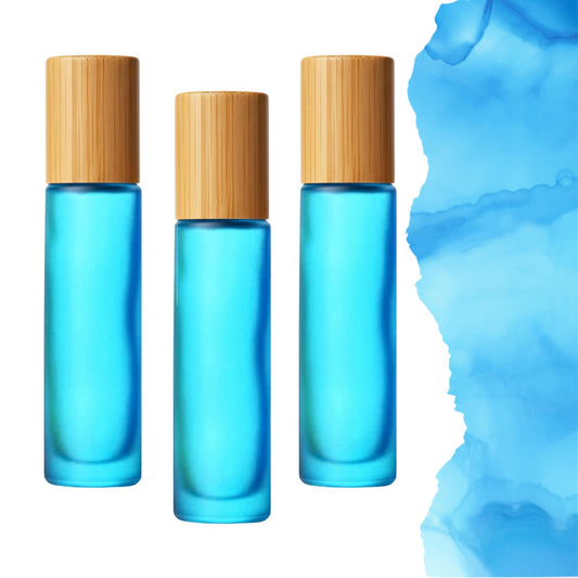 Frosted Turquoise Glass Gemstone Roller Bottle • Bamboo Cap • 49 Crystal Rollerball Choices • 5ml or 10ml
