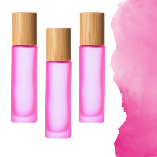 Frosted Pink Glass Gemstone Roller Bottle • Bamboo Cap • 49 Crystal Rollerball Choices • 5ml or 10ml