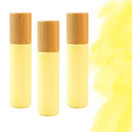 Matte Yellow Gemstone Roller Bottle with Bamboo Cap • 49 Crystal Rollerball Choices • 10ml • Essential Oil Roller • Refillable