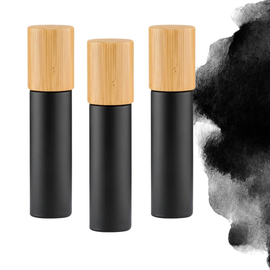 Classic Black Glass Gemstone Roller Bottle • Classic Collection • Bamboo Cap • Crystal Rollerball • 49 Gemstone Choices • 10ml