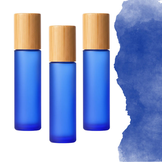 Frosted Blue Glass Gemstone Roller Bottle • Bamboo Cap • 49 Crystal Rollerball Choices • 5ml or 10ml