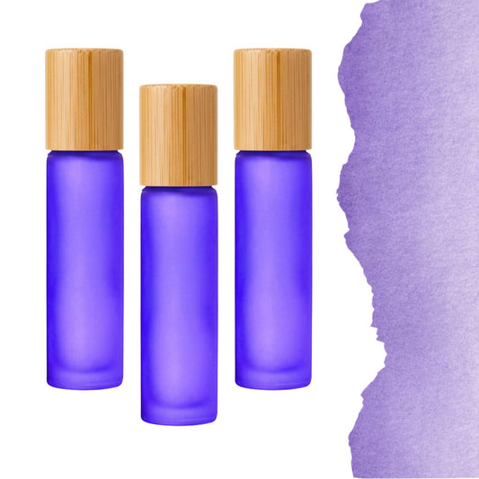 Frosted Purple Glass Gemstone Roller Bottle • Bamboo Cap • 49 Crystal Rollerball Choices • 5ml or 10ml