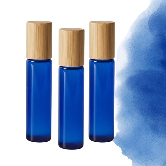 Frosted Cobalt Blue Glass Gemstone Roller Bottle • Bamboo Cap • 49 Crystal Rollerball Choices • 10ml