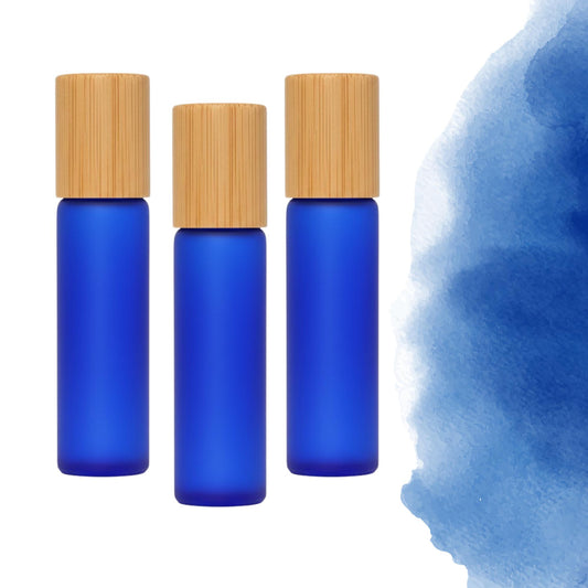 Frosted Cobalt Blue Glass Gemstone Roller Bottle • Bamboo Cap • 49 Crystal Rollerball Choices • 10ml
