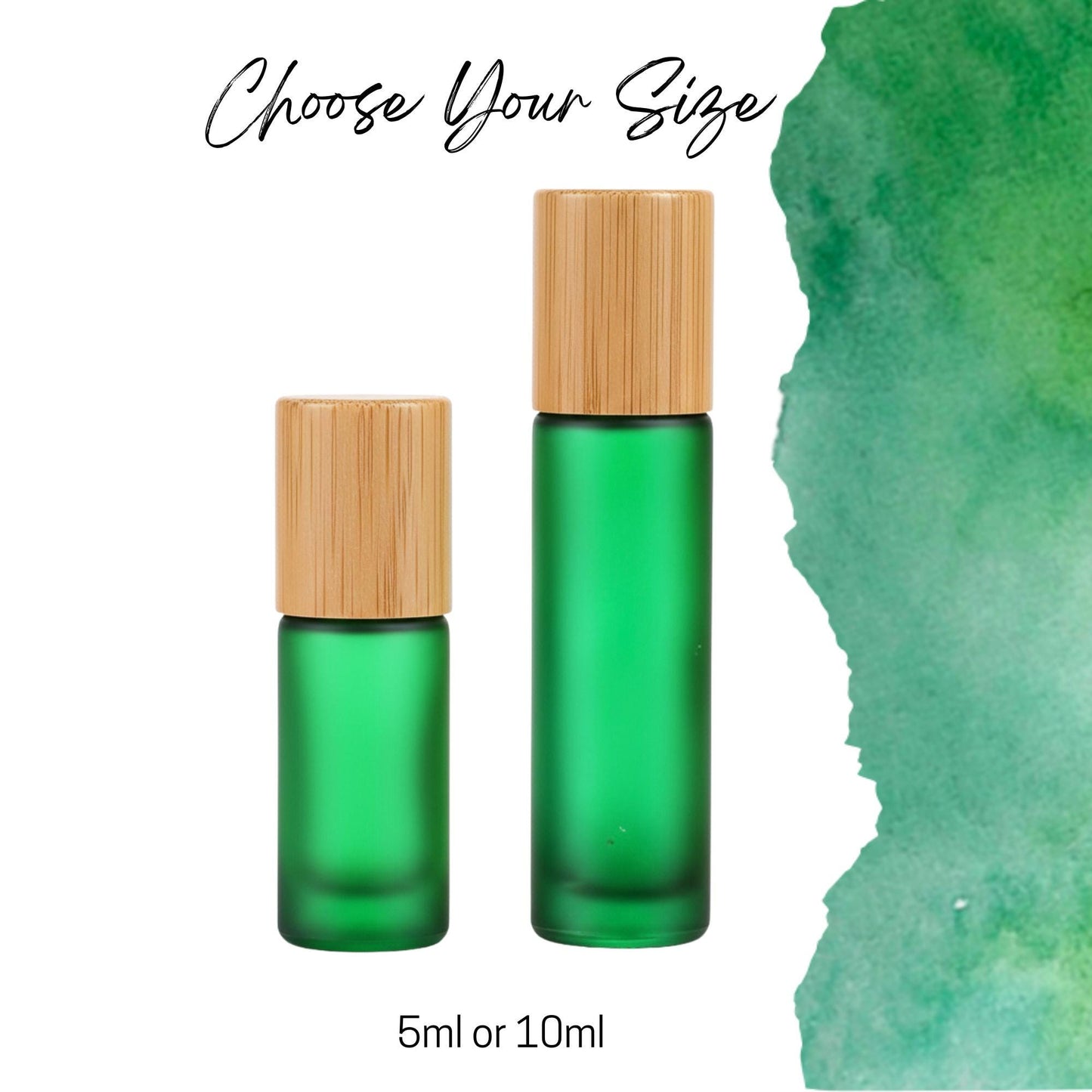 Frosted Green Glass Gemstone Roller Bottle • Bamboo Cap • 49 Crystal Rollerball Choices • 5ml or 10ml
