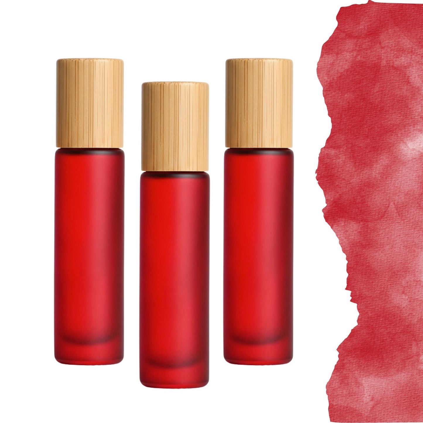 Frosted Red Glass Gemstone Roller Bottle • Bamboo Cap • 49 Crystal Rollerball Choices • 5ml or 10ml