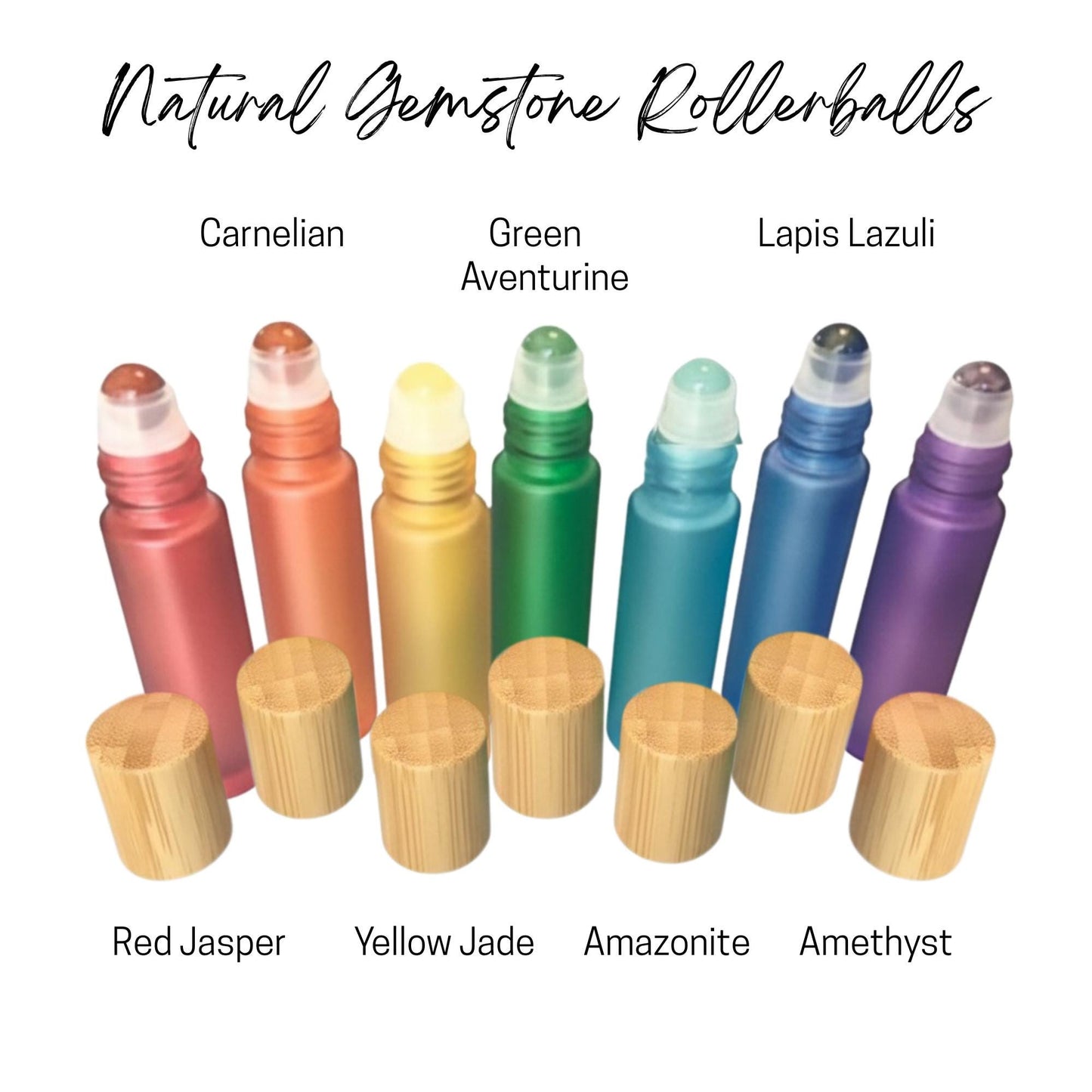 Chakra Roller Bottle Set, Frosted Rainbow Bottles, Bamboo Caps, Gemstone Rollerballs, Set or Singles, Reiki Charged, 5ml or 10ml
