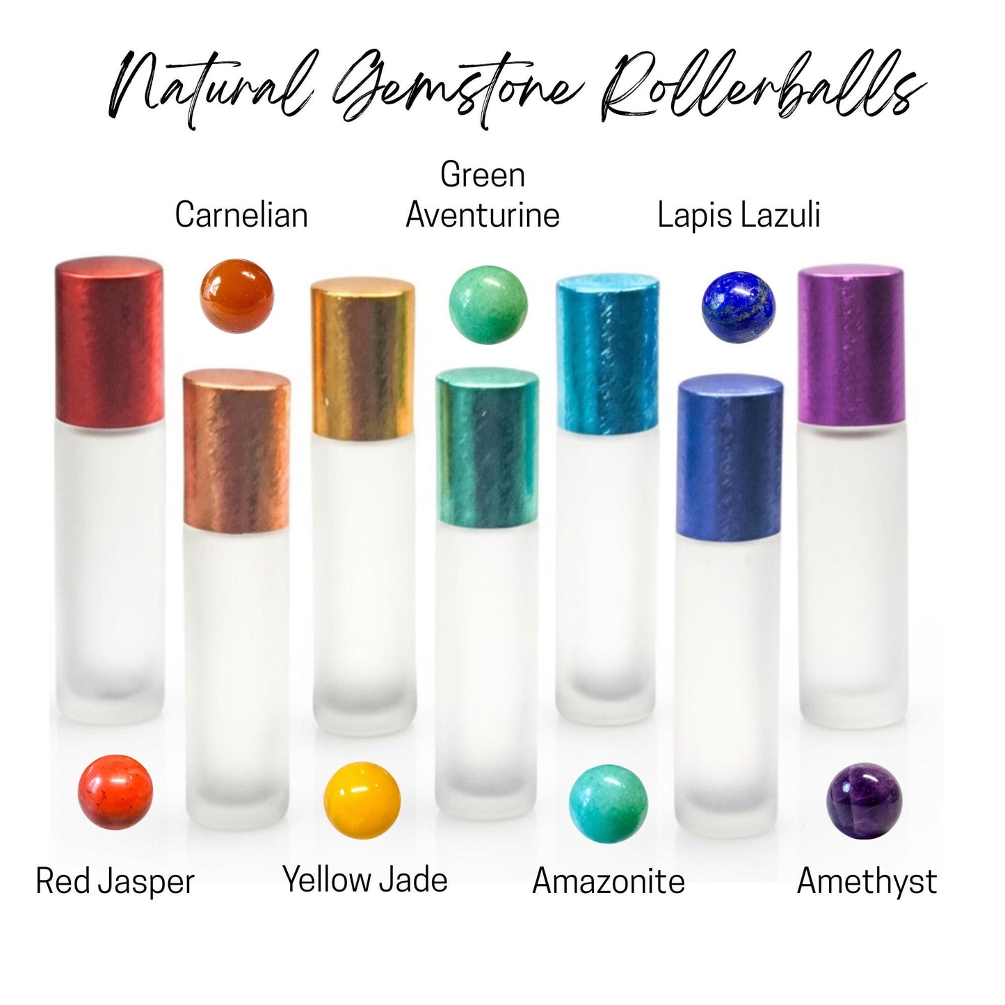 Chakra Roller Bottle Set, Frosted Clear Glass, Brushed Chakra Caps, Gemstone Rollerballs, Set or Singles, Reiki Charged, 5ml or 10ml