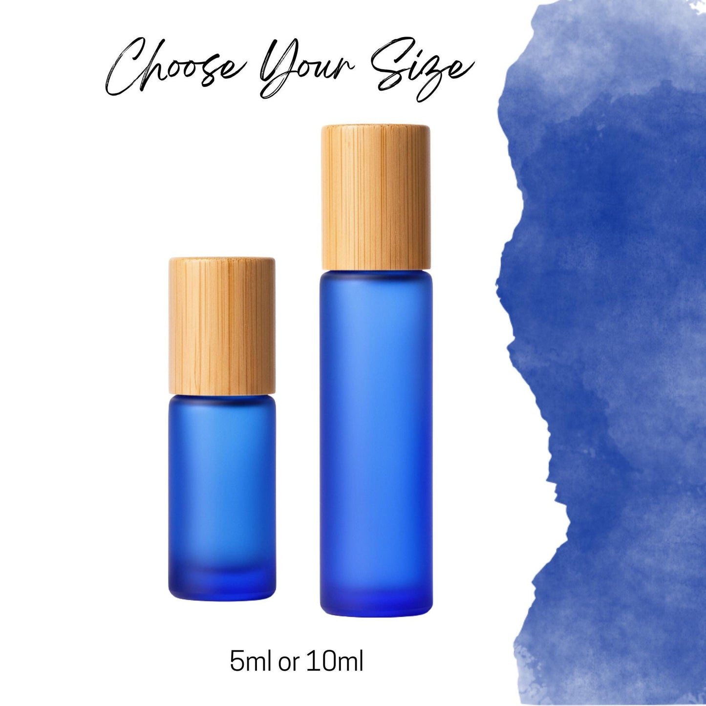 Frosted Blue Glass Gemstone Roller Bottle • Bamboo Cap • 49 Crystal Rollerball Choices • 5ml or 10ml