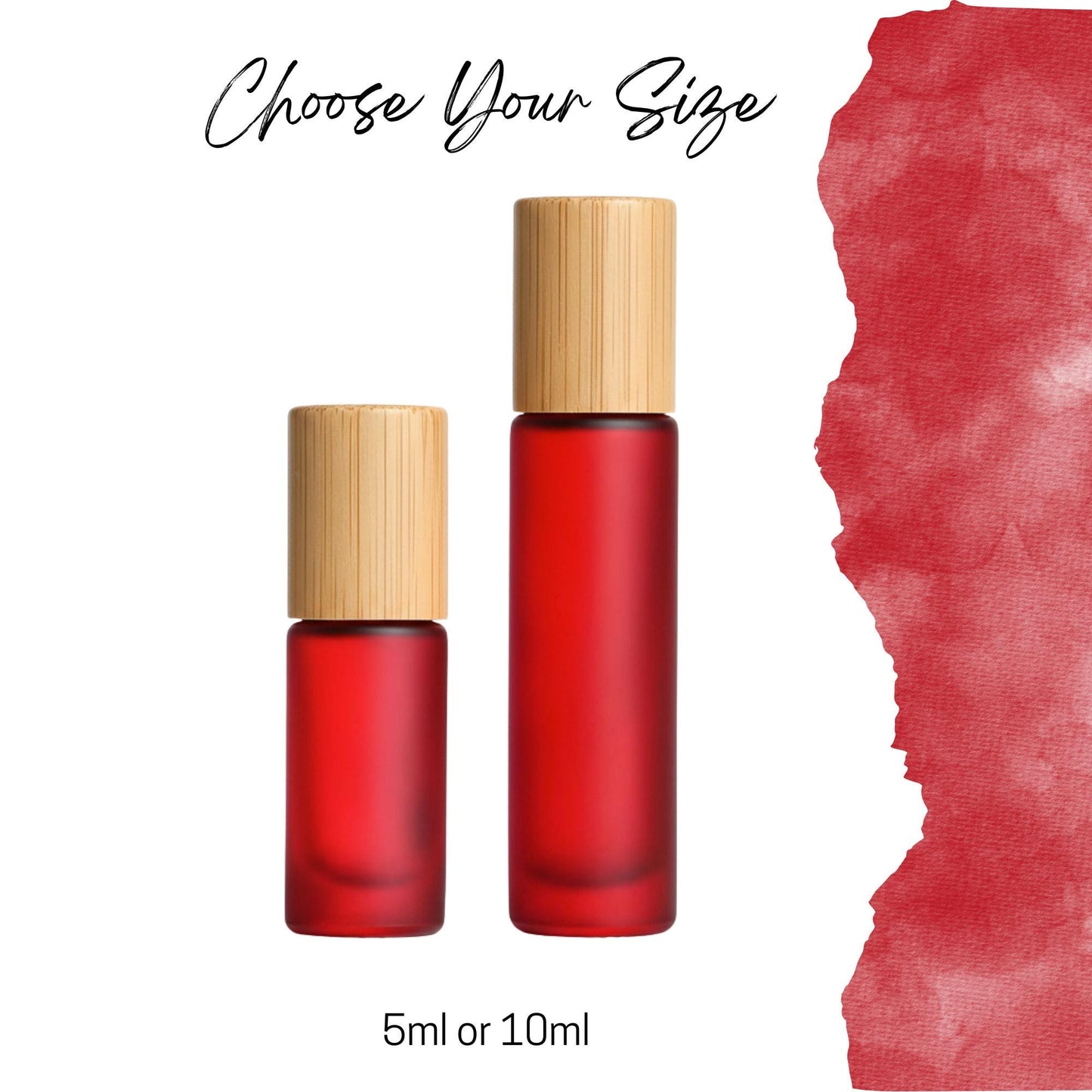 Frosted Red Glass Gemstone Roller Bottle • Bamboo Cap • 49 Crystal Rollerball Choices • 5ml or 10ml