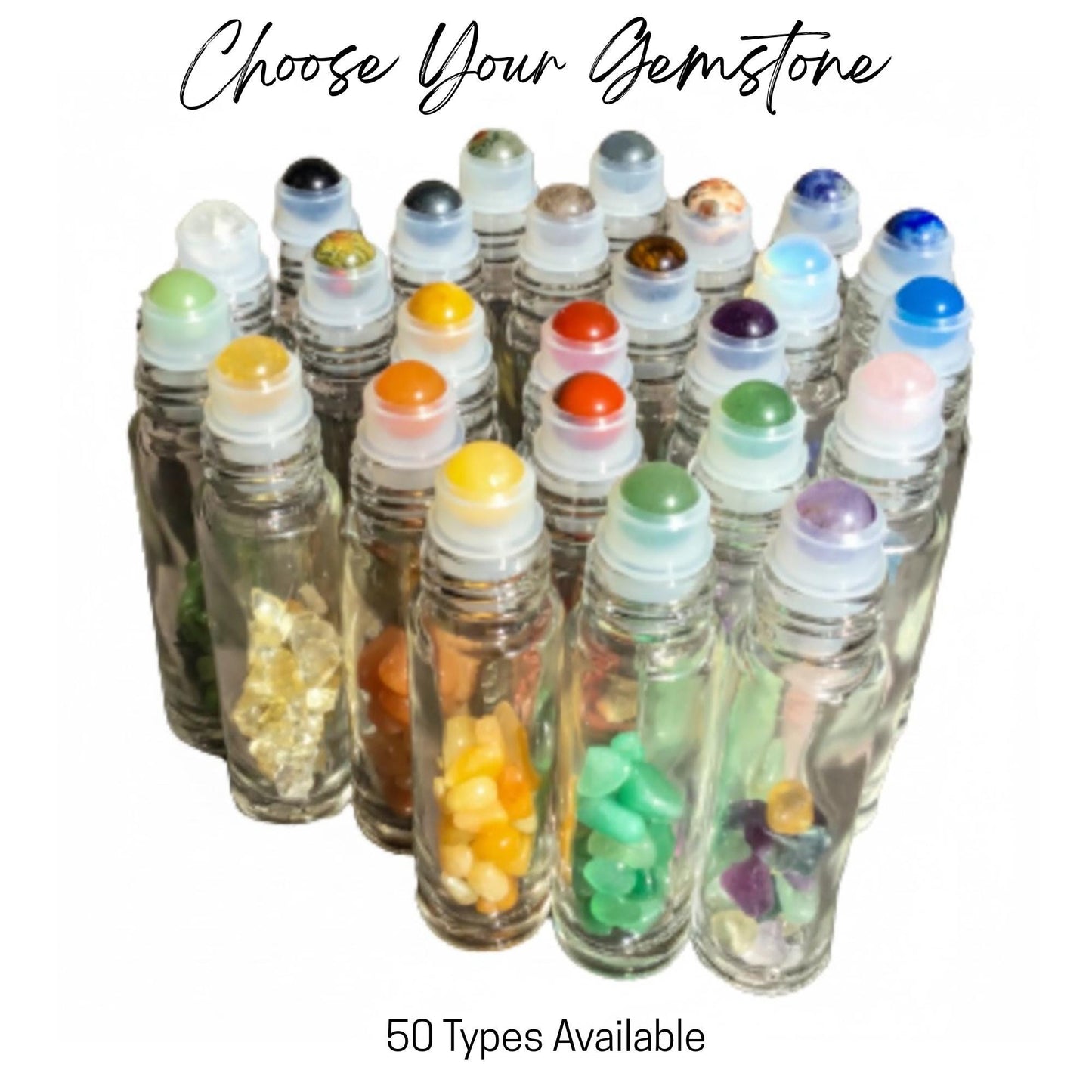 Gemstone Roller Bottle with Crystals, 50 Crystal Rollerball Choices, 5ml or 10ml, Refillable Essential Oil Aromatherapy Bottle