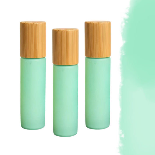 Matte Mint Green Gemstone Roller Bottle with Bamboo Cap • 49 Crystal Rollerball Choices • 10ml • Essential Oil Roller • Refillable
