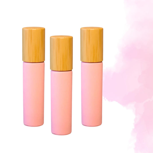 Matte Pink Gemstone Roller Bottle with Bamboo Cap • 49 Crystal Rollerball Choices • 10ml • Essential Oil Roller • Refillable