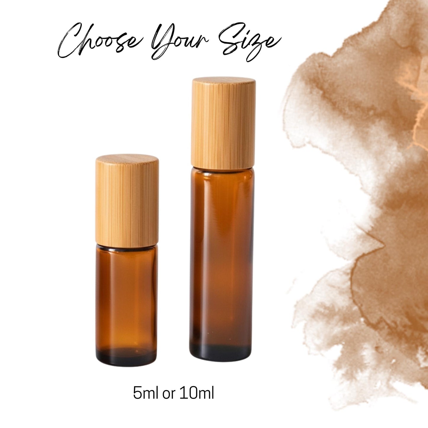 Amber Glass Roller Bottle with Bamboo Cap • 5ml or 10ml Essential Oil Roller • Glass or Stainless Rollerball • Refillable