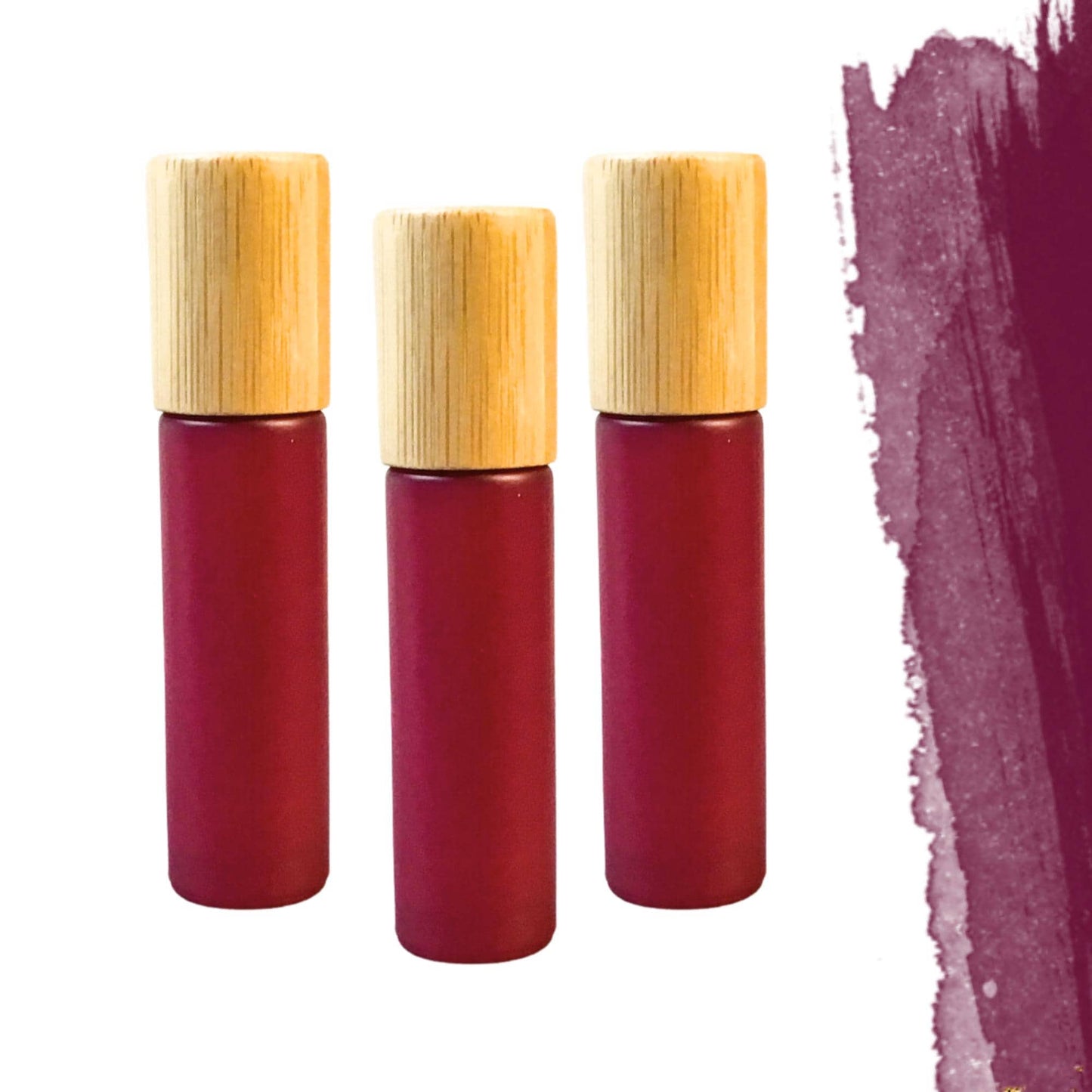 Classic Wine Red Glass Roller Bottle with Bamboo Cap • 10ml Essential Oil Roller • Glass or Stainless Rollerball • Refillable
