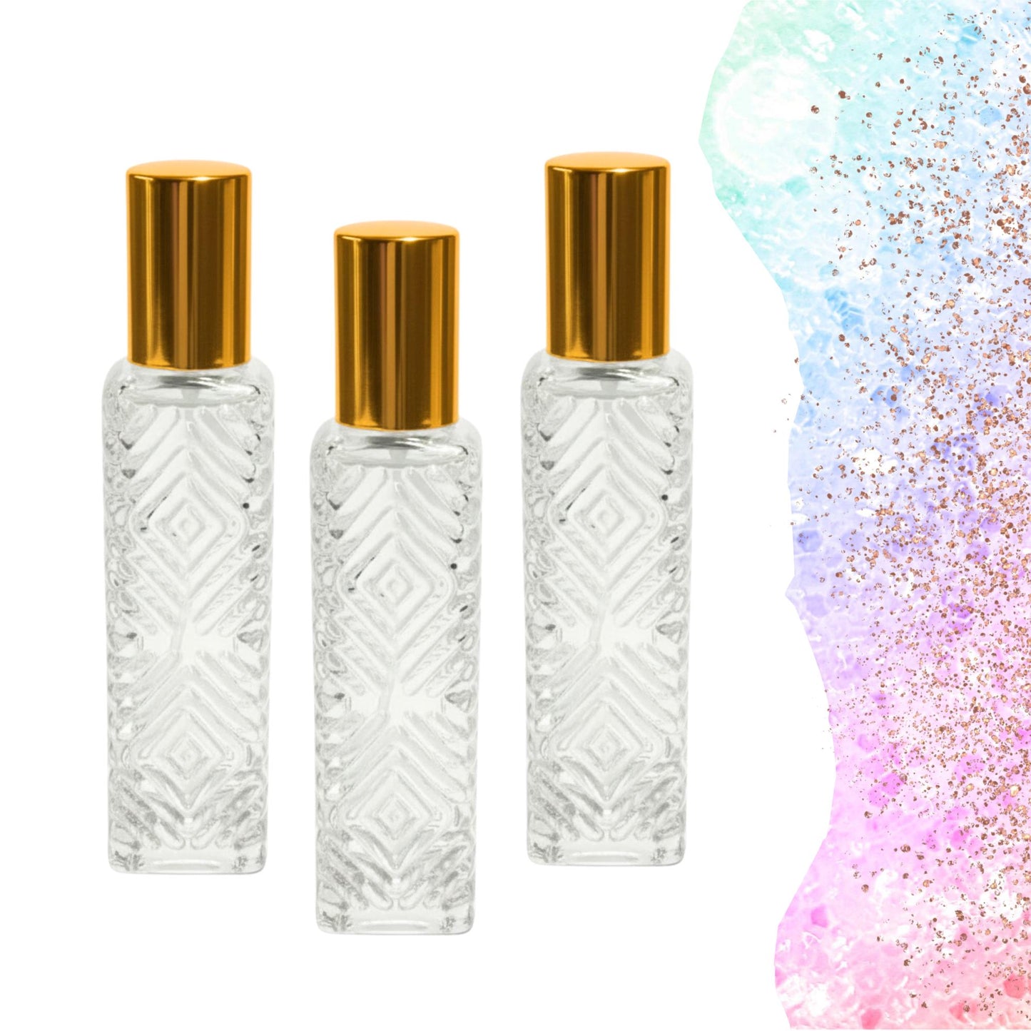 Diamond Pattern Clear Glass Roller Bottle • 15ml Essential Oil Roller • Stainless Rollerball • Signature Shapes • Refillable