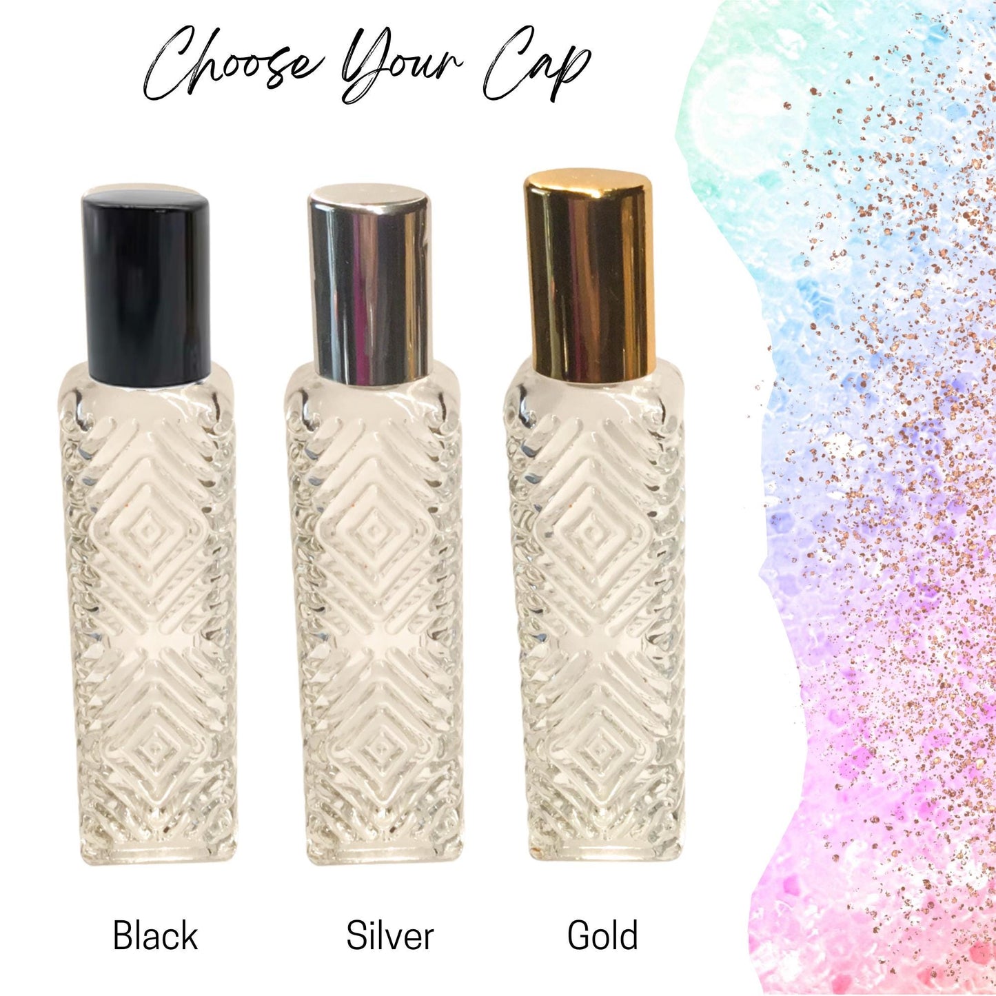 Diamond Pattern Clear Glass Roller Bottle • 15ml Essential Oil Roller • Stainless Rollerball • Signature Shapes • Refillable