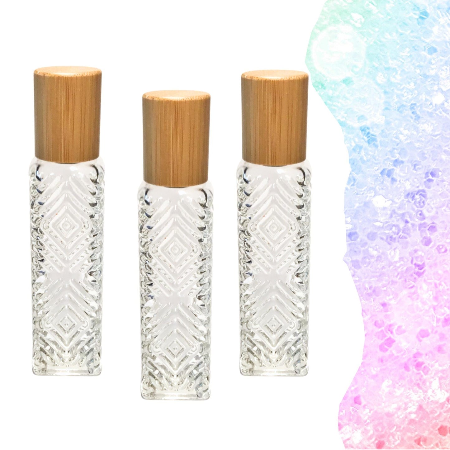 Diamond Pattern Clear Glass Roller Bottle with Bamboo Cap • 15ml Essential Oil Roller • Stainless Rollerball • Signature Shapes • Refillable