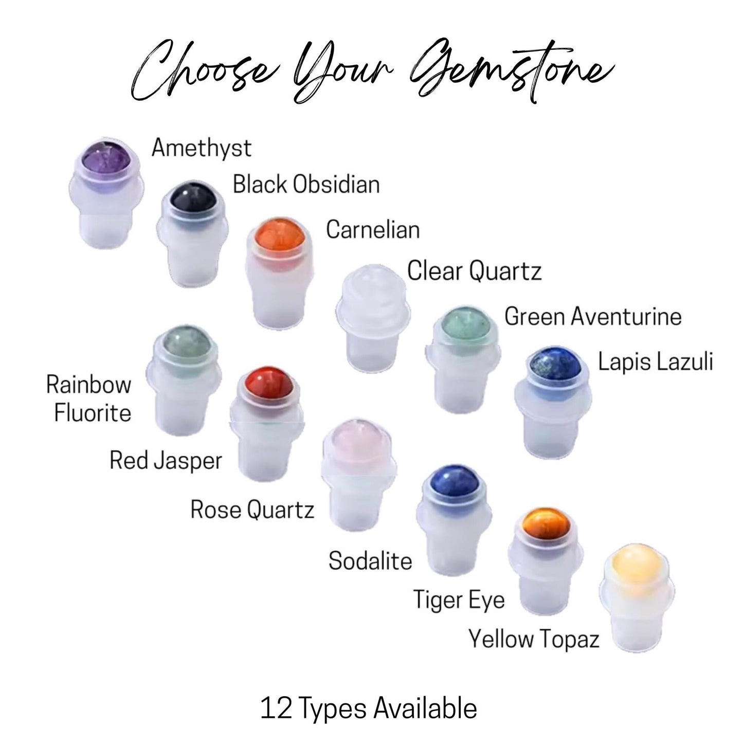 Tall Round Gemstone Roller Bottle • Clear Glass • Signature Shapes • 10ml • Crystal Rollerball • 12 Gemstone Choices