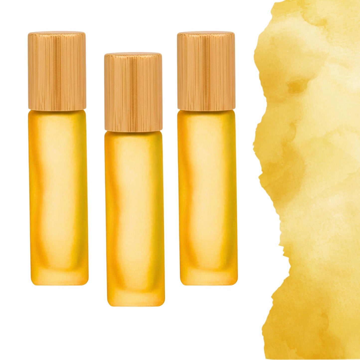 Frosted Yellow Glass Roller Bottle with Bamboo Cap • 5ml or 10ml Essential Oil Roller • Glass or Stainless Rollerball • Refillable