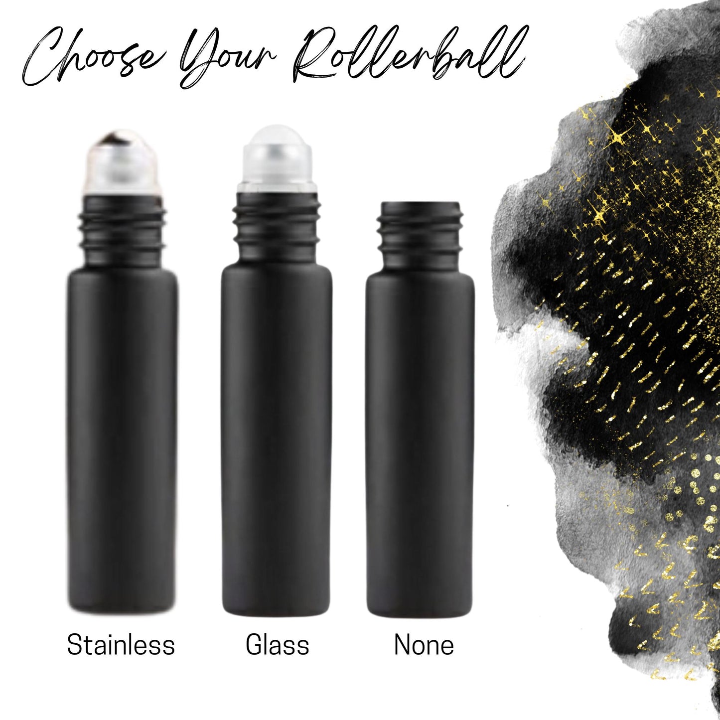 Classic Black Glass Roller Bottle • 10ml Essential Oil Roller • Stainless or Glass Rollerball • Refillable • Single & Set Options