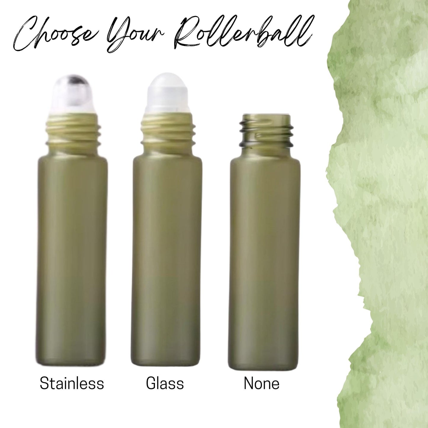 Forest Green Glass Roller Bottle with Bamboo Cap • 5ml or 10ml Essential Oil Roller • Glass or Stainless Rollerball • Refillable