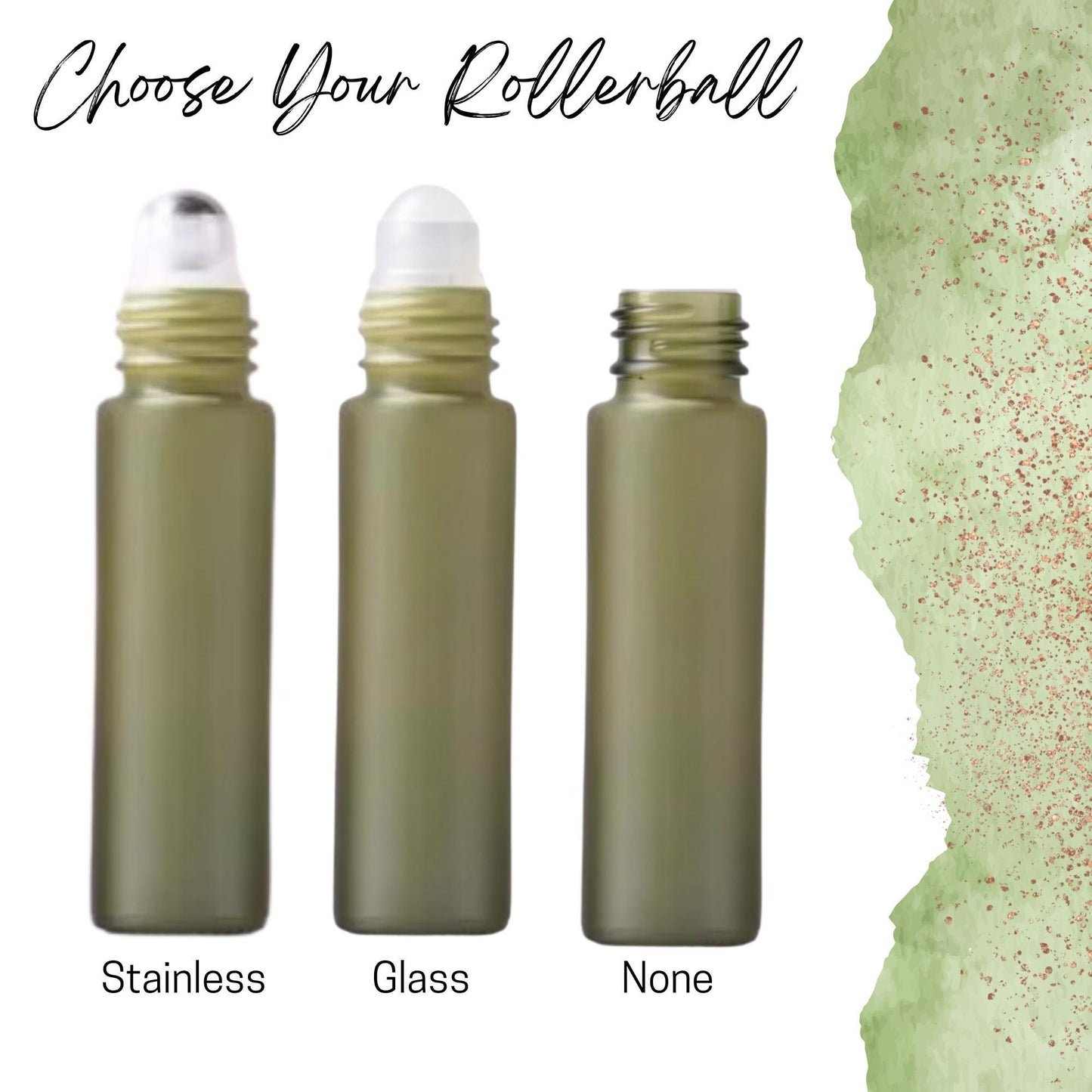 Forest Green Glass Roller Bottle • 5ml or 10ml Essential Oil Roller • Stainless or Glass Rollerball • Refillable • Single & Set Options