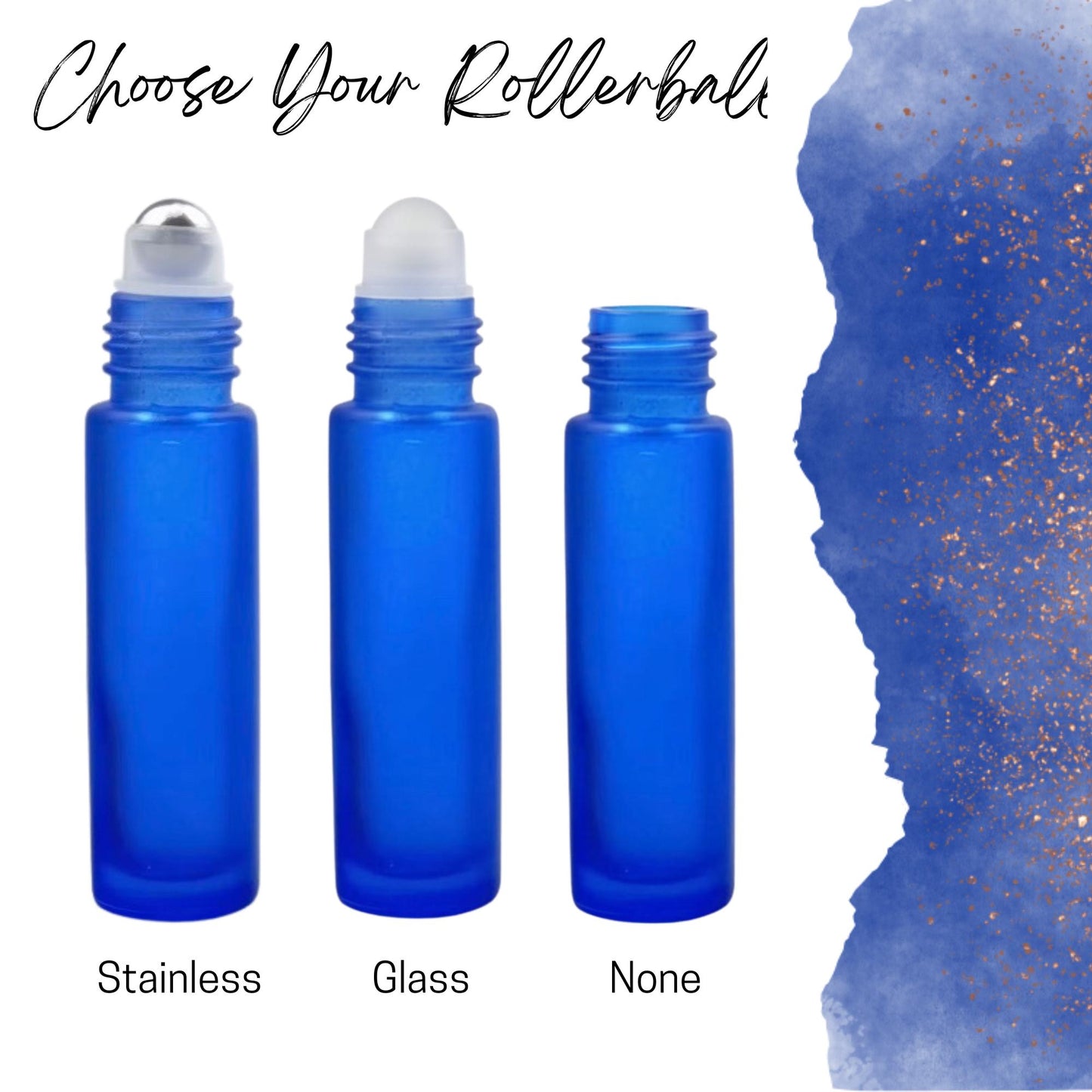 Frosted Blue Glass Roller Bottle • 5ml or 10ml Essential Oil Roller • Stainless or Glass Rollerball • Refillable • Single & Set Options