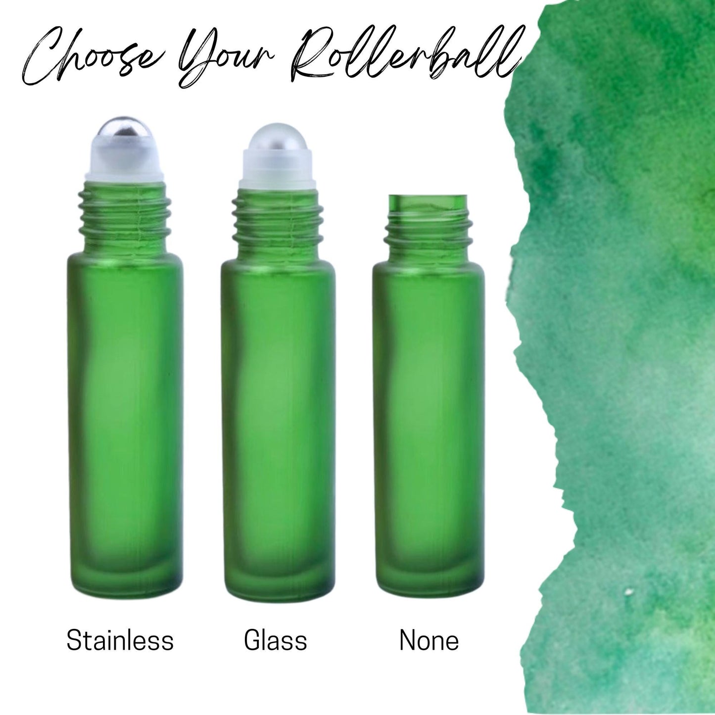 Frosted Green Glass Roller Bottle with Bamboo Cap • 5ml or 10ml Essential Oil Roller • Glass or Stainless Rollerball • Refillable