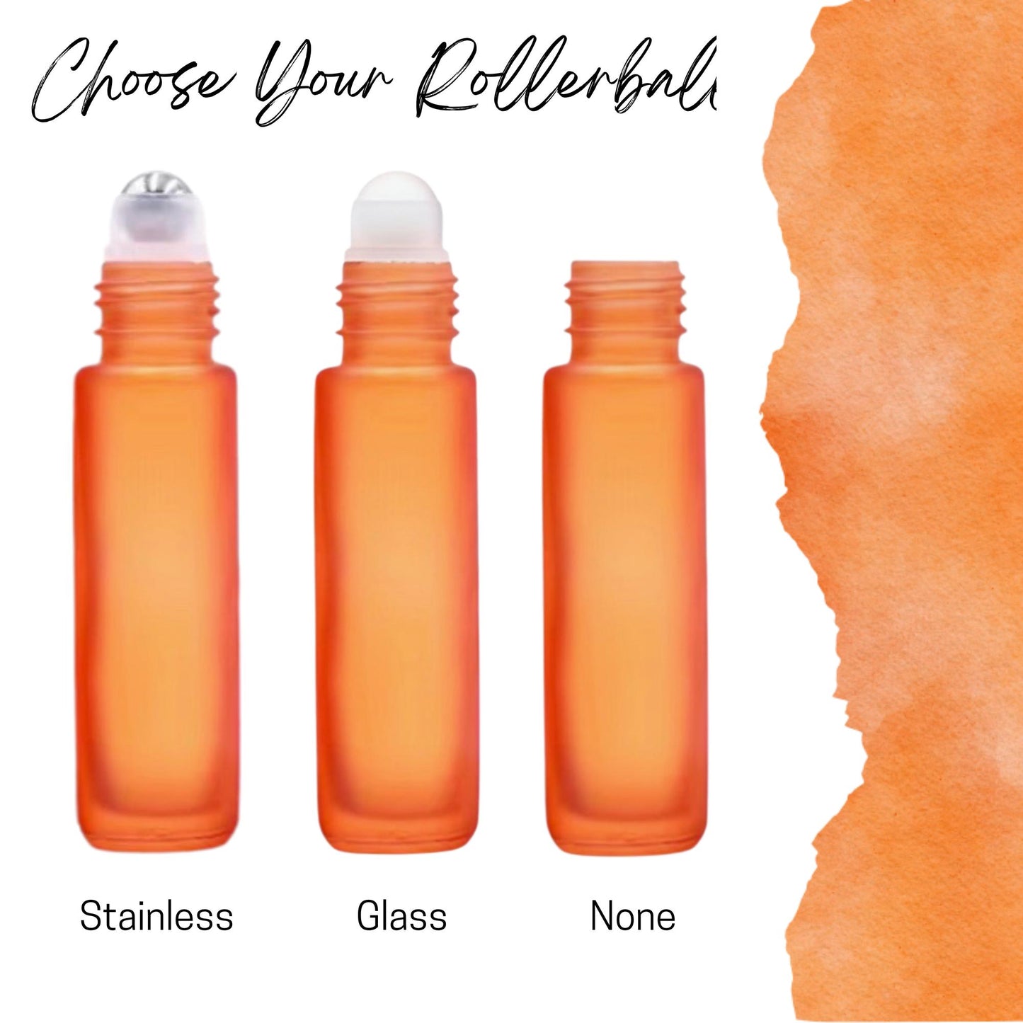 Frosted Orange Glass Roller Bottle with Bamboo Cap • 5ml or 10ml Essential Oil Roller • Glass or Stainless Rollerball • Refillable