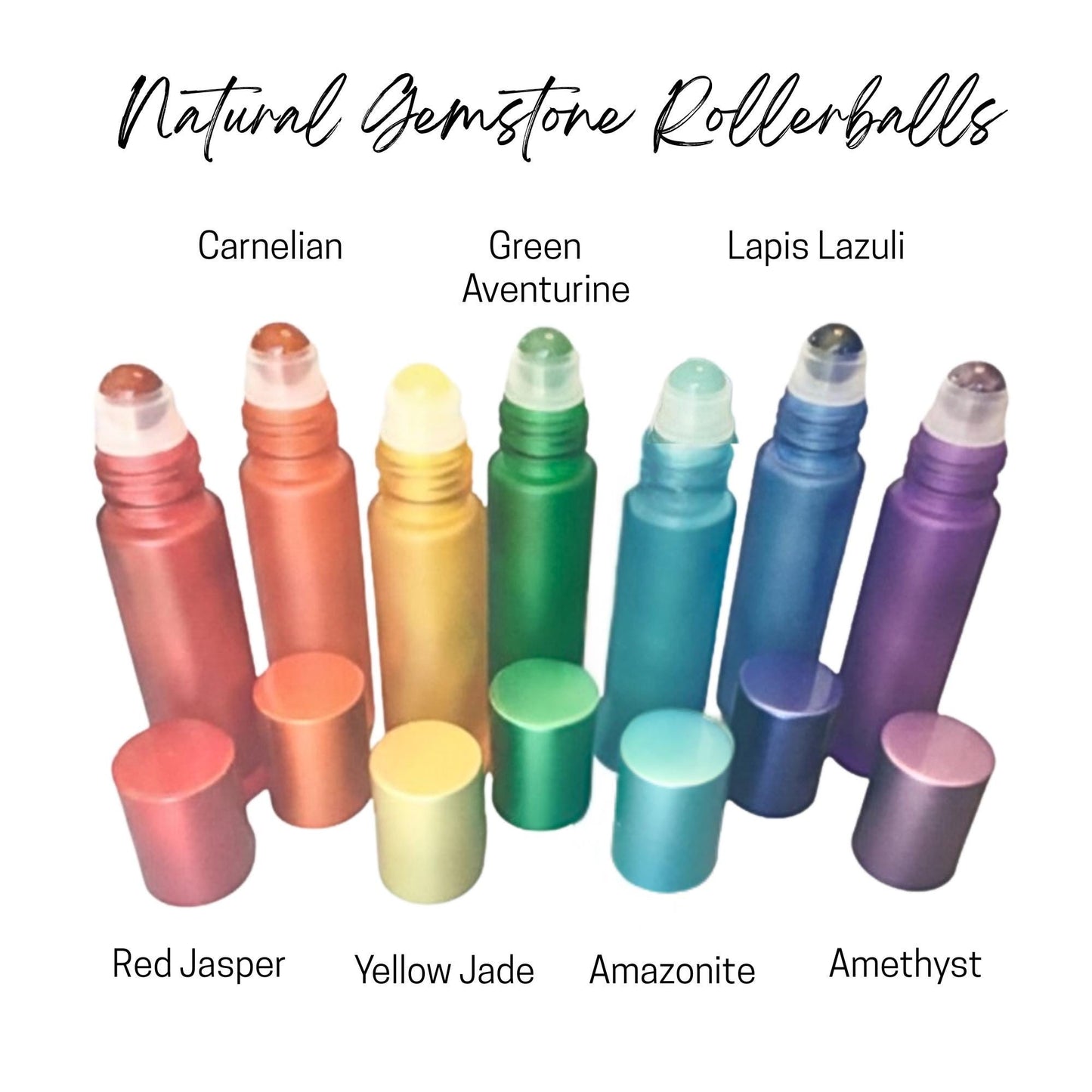 Chakra Roller Bottle Set, Frosted Rainbow Bottles,  Matching Caps, Gemstone Rollerballs, Set or Singles, Reiki Charged, 5ml or 10ml
