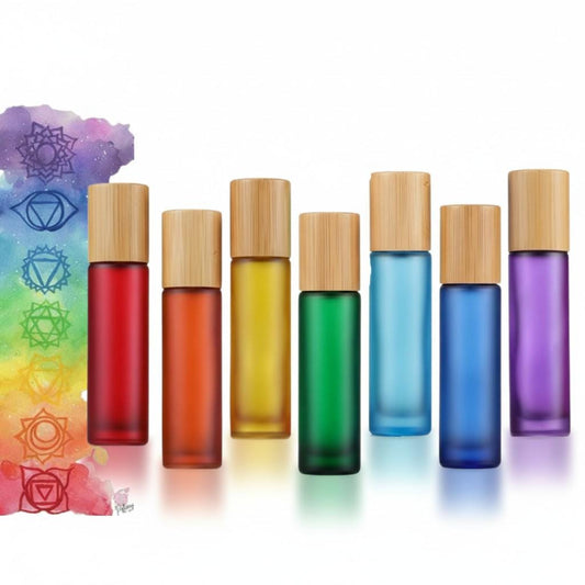 Chakra Roller Bottle Set, Frosted Rainbow Bottles, Bamboo Caps, Gemstone Rollerballs, Set or Singles, Reiki Charged, 5ml or 10ml