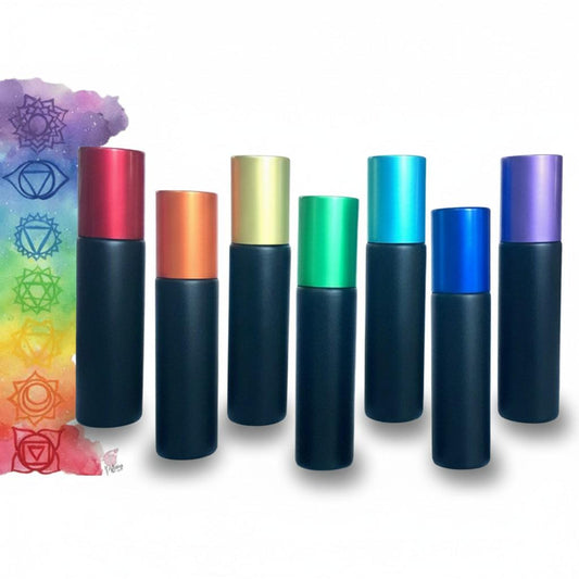 Chakra Roller Bottle Set • Black Glass Bottles • Chakra Metal Caps • Gemstone Rollerballs • Set or Singles • Reiki Charged • 10ml