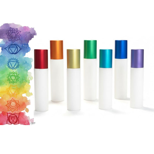 Chakra Roller Bottle Set • Gemstone Rollerballs • White Glass Bottles • Chakra Metal Caps • Set or Singles • Reiki Charged • 10ml