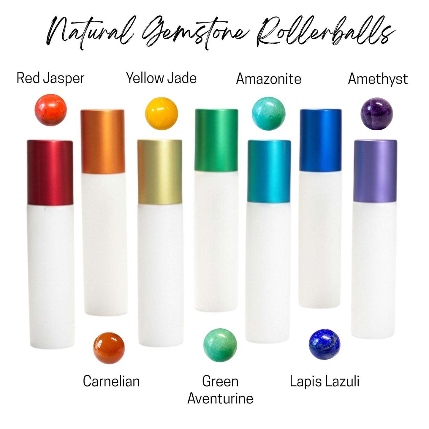 Chakra Roller Bottle Set • Gemstone Rollerballs • White Glass Bottles • Chakra Metal Caps • Set or Singles • Reiki Charged • 10ml