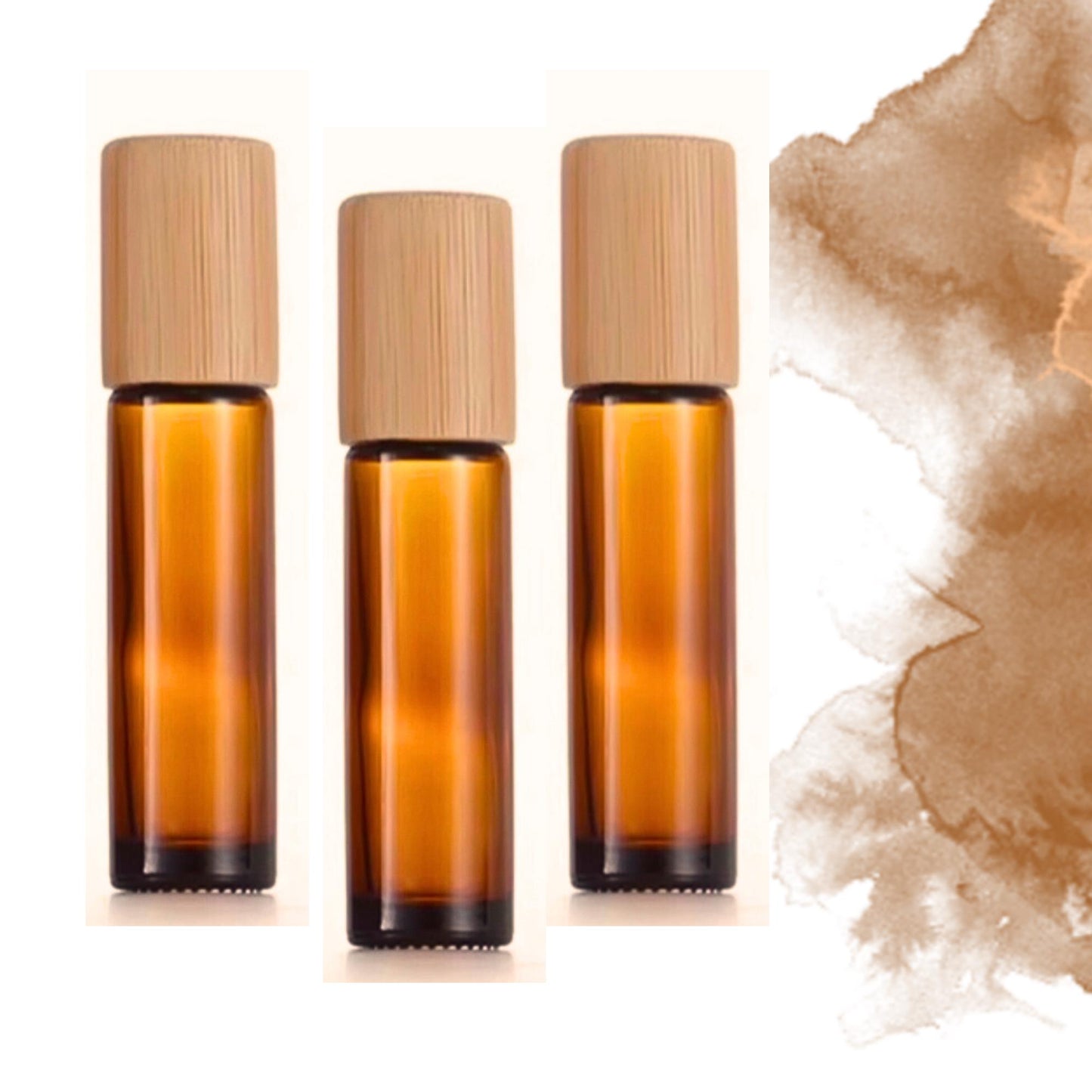 Amber Glass Roller Bottle with Bamboo Cap • 5ml or 10ml Essential Oil Roller • Glass or Stainless Rollerball • Refillable
